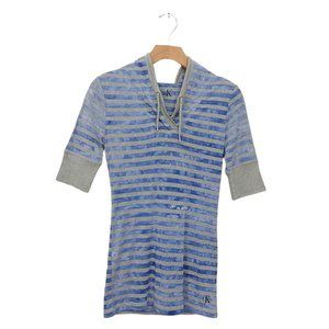Calvin Klein Womens Hooded Knitted Top Size Small Striped Short Sleeve Blue Gray